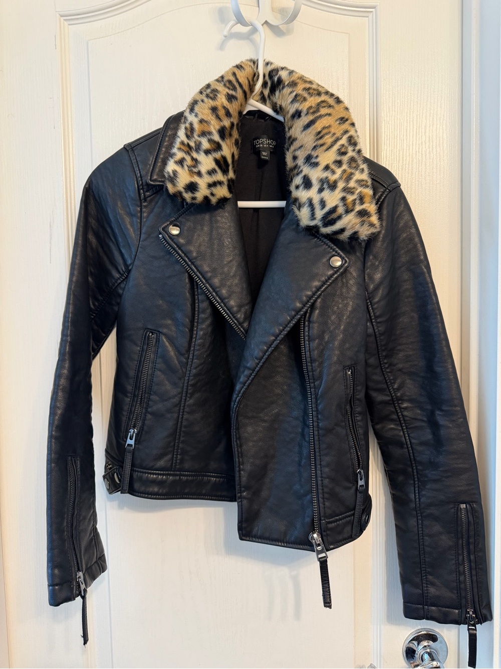 Topshop Black Faux Leather Moto Jacket with Leopard-Print Fur Collar